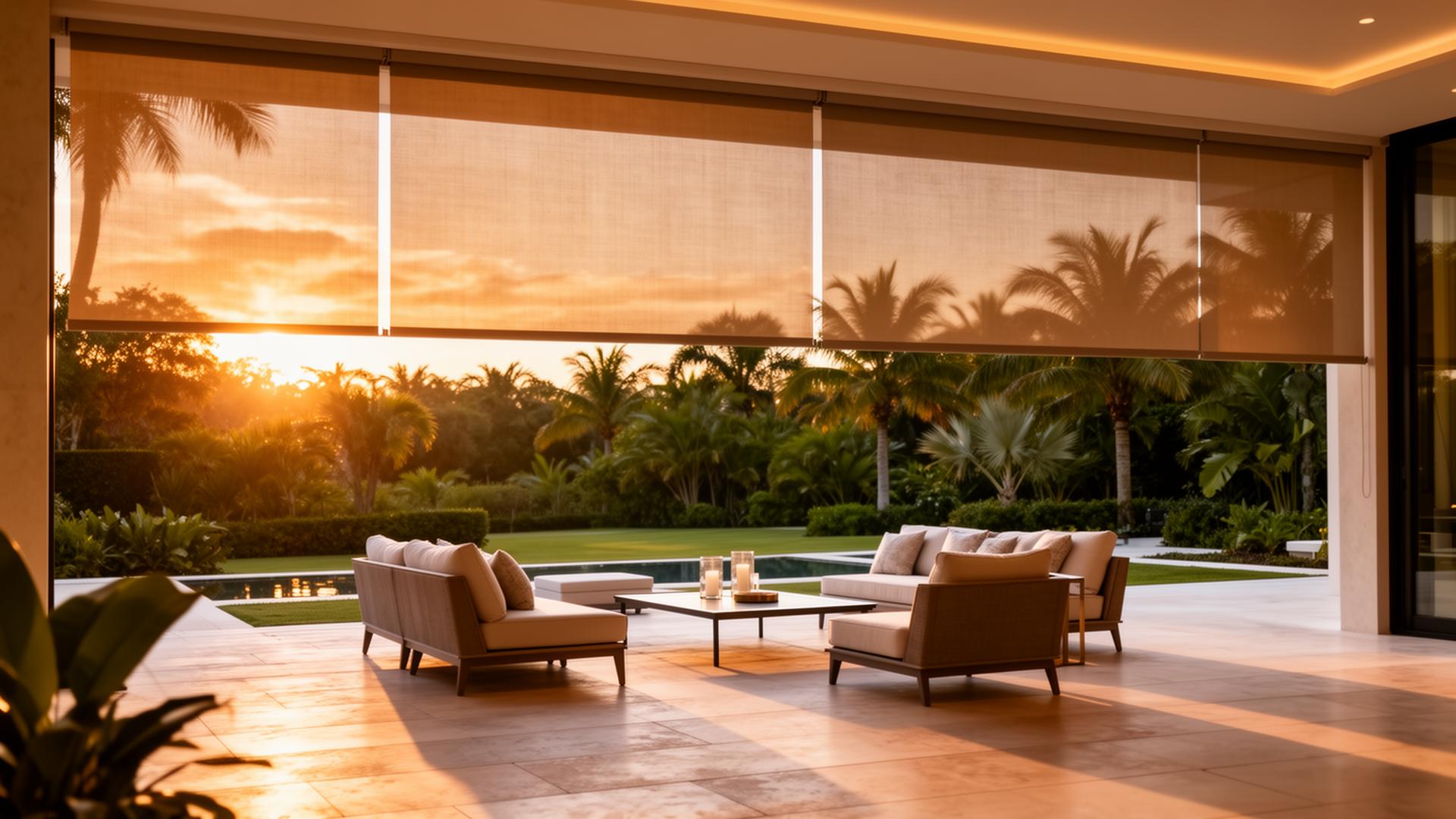 Luxury outdoor patio with retractable screens at sunset